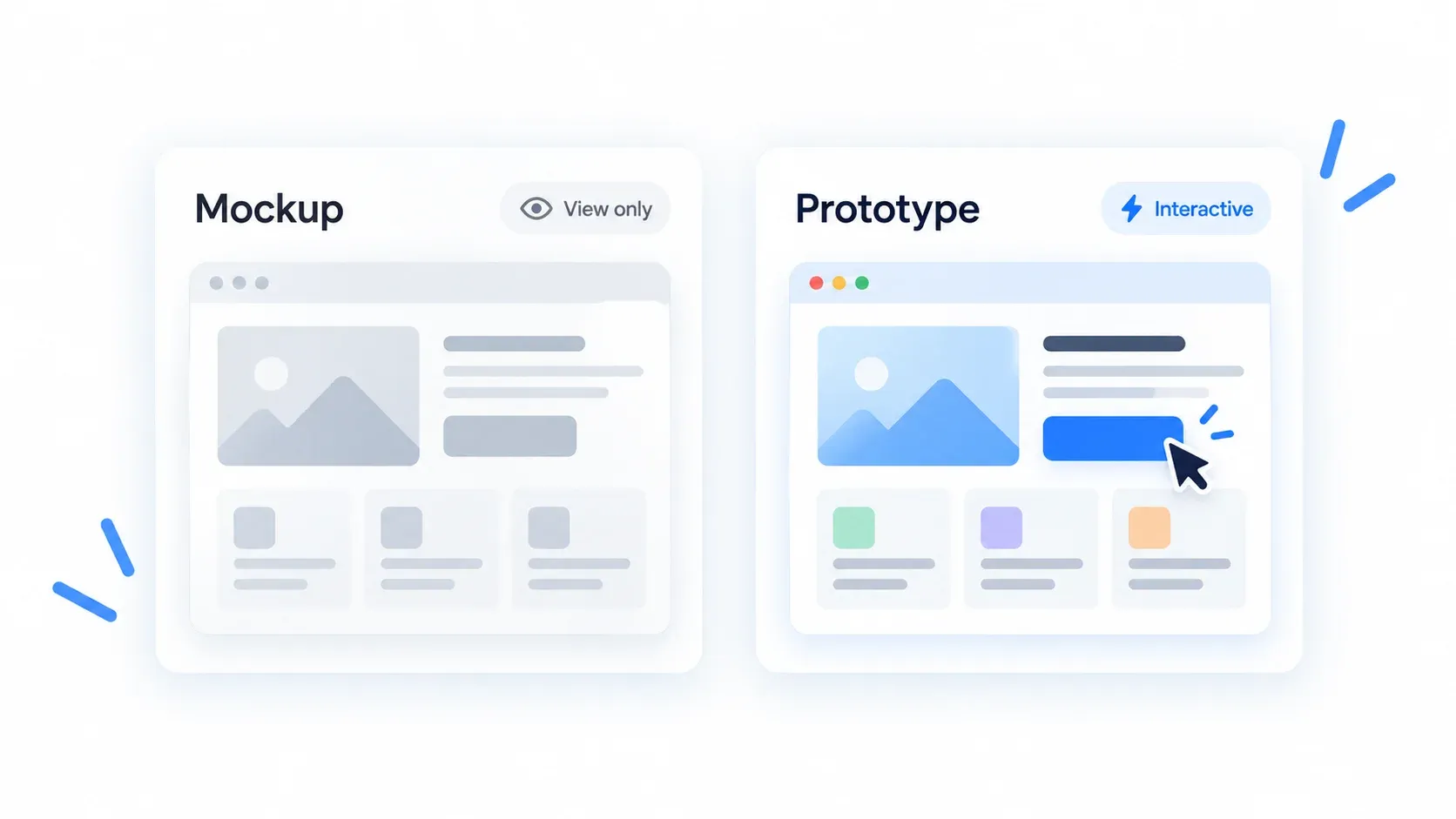 A static, view-only mockup next to an interactive prototype where a cursor clicks a button: stakeholders can test the flow instead of just looking at a screen.